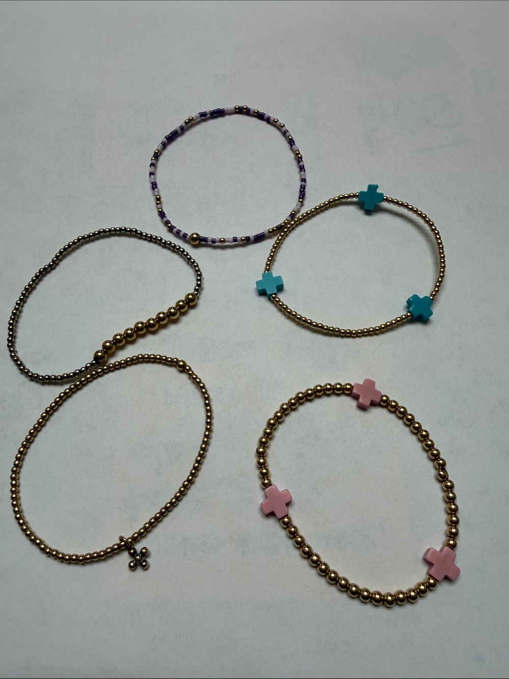 Enewton Gold Beaded Bracelet Set with Pink & Turquoise Cross Accent.